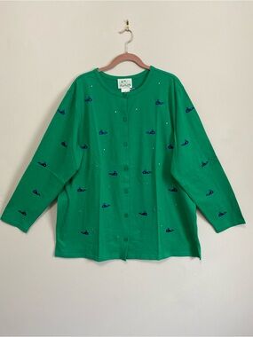Quacker Factory Cardigan 1X Embroidery Teacher Preppy Whimsical Nautical Quirky